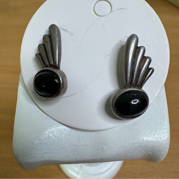 Silver and Black Stone Deco Post Back Earrings - Picture 3 of 9